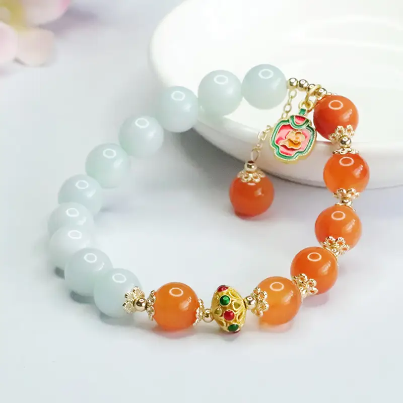 Guan Yu Natural Jade Bracelet Orange Light Green Ethnic Style - Image 4