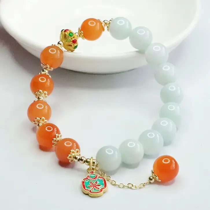 Guan Yu Natural Jade Bracelet Orange Light Green Ethnic Style - Image 5