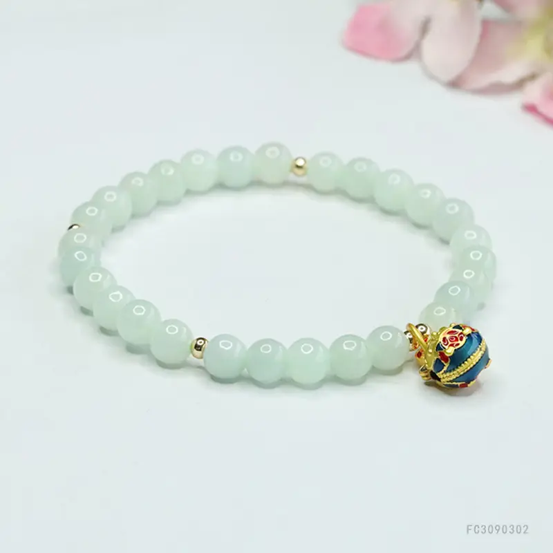 Guan Yu Jadeite Bracelet with Gold Beast Beads - Image 4