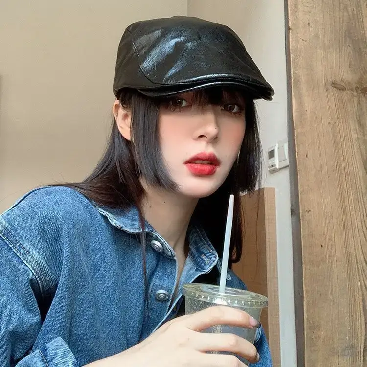 Pu Leather Black Peaked Cap for Women Summer Retro British Style - Image 4