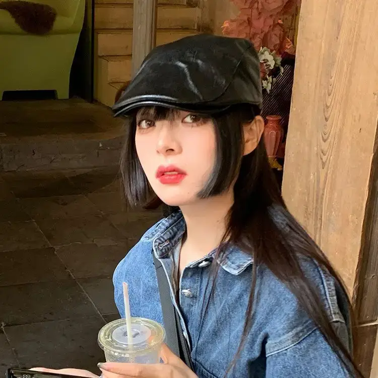 Pu Leather Black Peaked Cap for Women Summer Retro British Style - Image 5