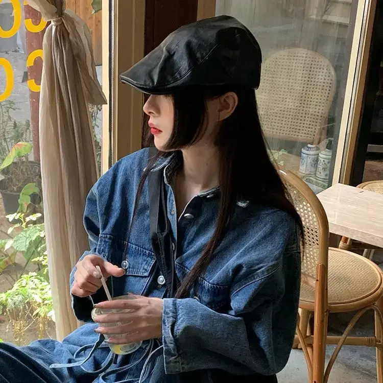 Pu Leather Black Peaked Cap for Women Summer Retro British Style - Image 6
