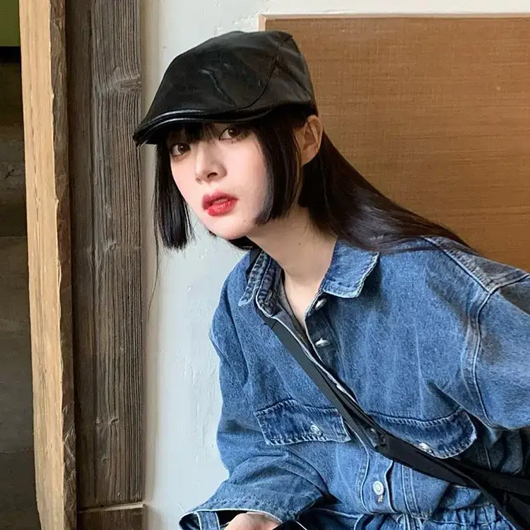 Pu Leather Black Peaked Cap for Women Summer Retro British Style - Image 7