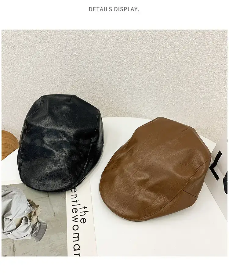 Pu Leather Black Peaked Cap for Women Summer Retro British Style — feature 11