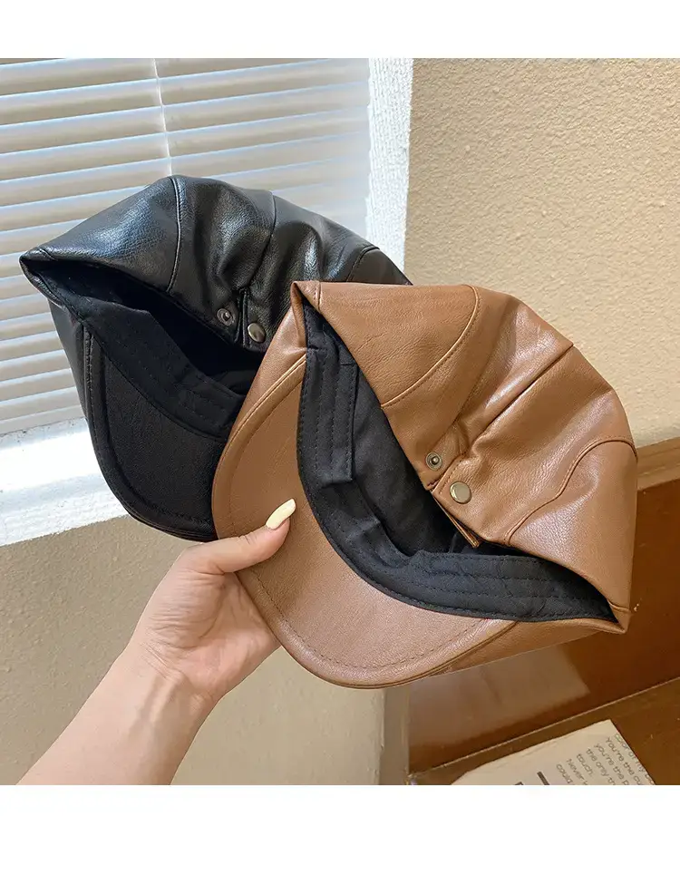 Pu Leather Black Peaked Cap for Women Summer Retro British Style — feature 12