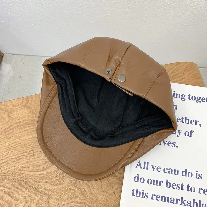 Pu Leather Black Peaked Cap for Women Summer Retro British Style - Image 2