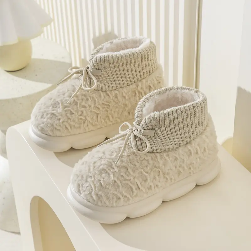 High-top lace-up plush warm cotton-padded shoes women's autumn and winter indoor home confinement shoes thick bottom slip-on feeling couple cotton-padded shoes - Image 5