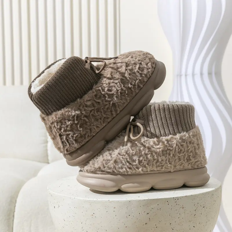 High-top lace-up plush warm cotton-padded shoes women's autumn and winter indoor home confinement shoes thick bottom slip-on feeling couple cotton-padded shoes - Image 6