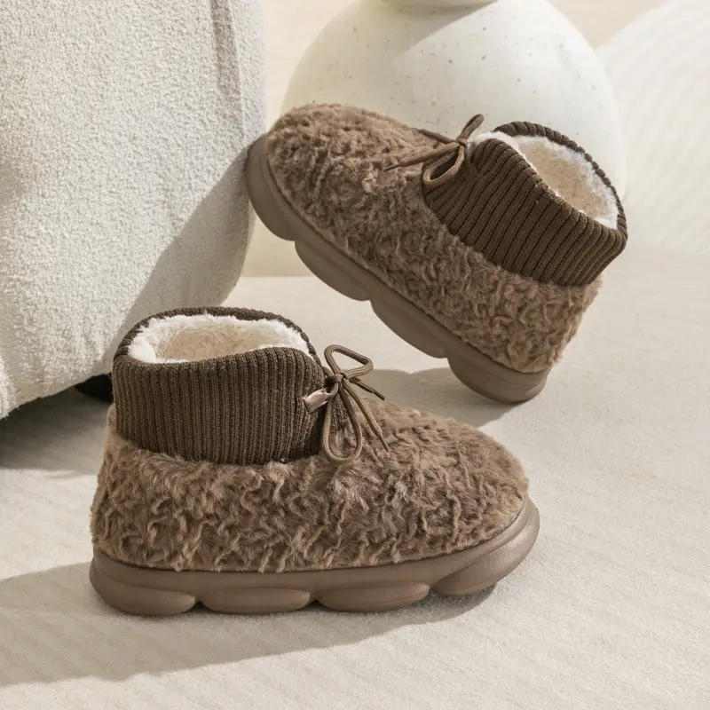 High-top lace-up plush warm cotton-padded shoes women's autumn and winter indoor home confinement shoes thick bottom slip-on feeling couple cotton-padded shoes - Image 7