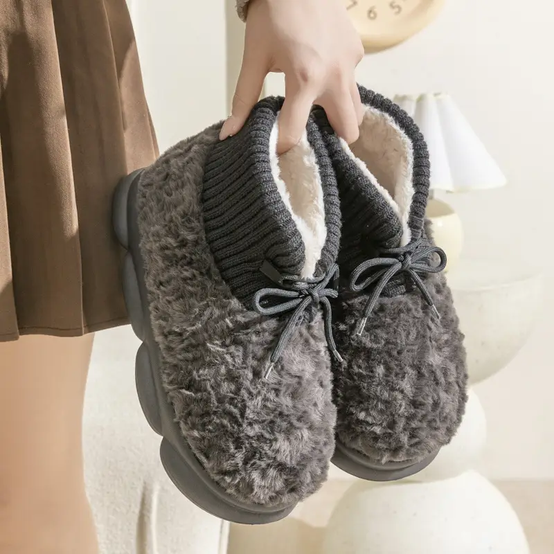 High-top lace-up plush warm cotton-padded shoes women's autumn and winter indoor home confinement shoes thick bottom slip-on feeling couple cotton-padded shoes - Image 8
