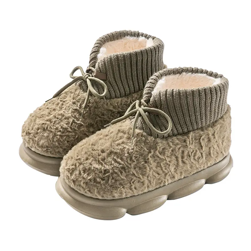 High-top lace-up plush warm cotton-padded shoes women's autumn and winter indoor home confinement shoes thick bottom slip-on feeling couple cotton-padded shoes - Image 9