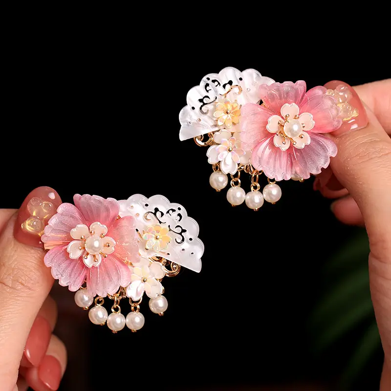 Pink Peony Flower Hairpin with Pearl Tassel for Girls - Image 2