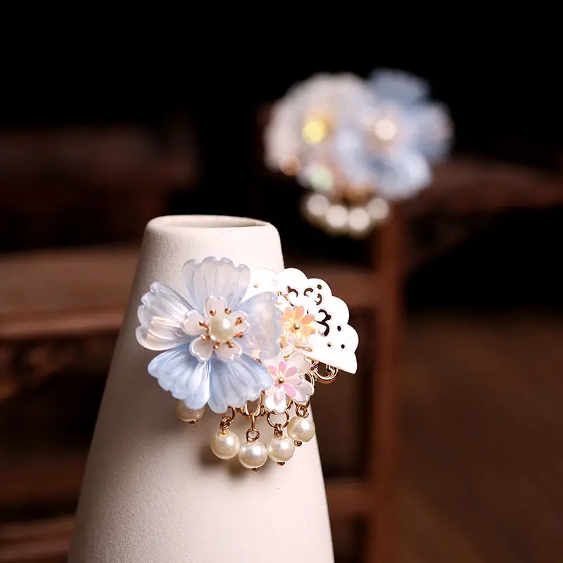 Pink Peony Flower Hairpin with Pearl Tassel for Girls - Image 3