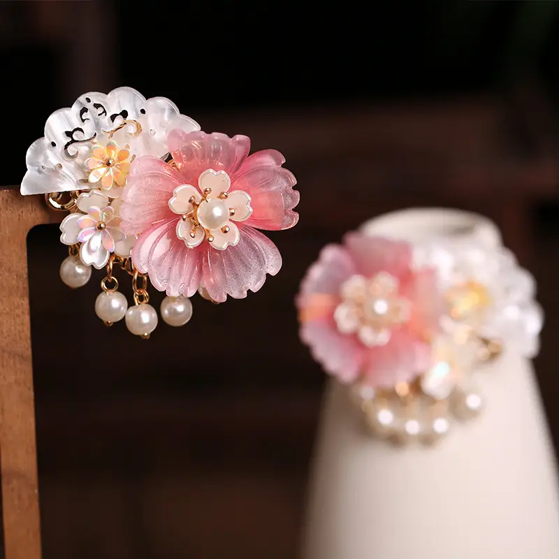 Pink Peony Flower Hairpin with Pearl Tassel for Girls - Image 4