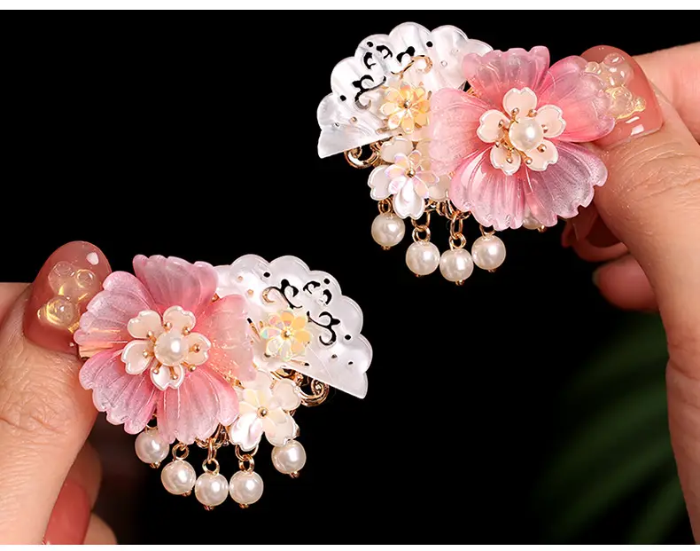 Pink Peony Flower Hairpin with Pearl Tassel for Girls — feature 3