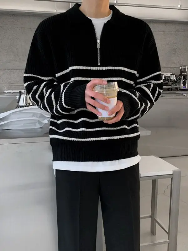 Men's Navy Striped Korean Style Long Sleeve Sweater - Image 4