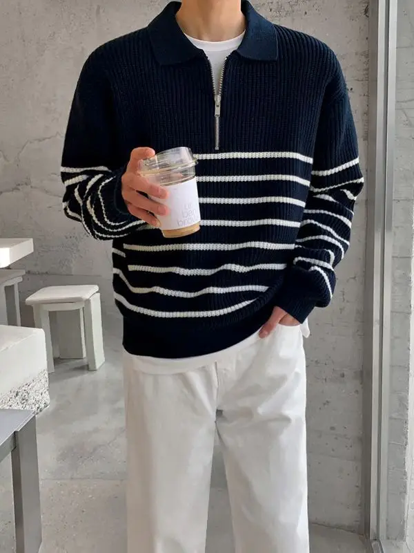 Men's Navy Striped Korean Style Long Sleeve Sweater - Image 5