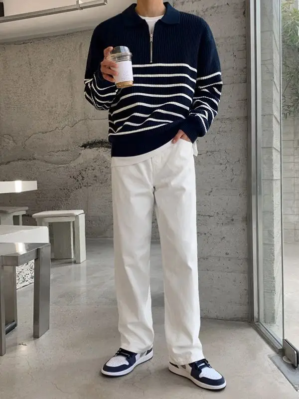 Men's Navy Striped Korean Style Long Sleeve Sweater - Image 6