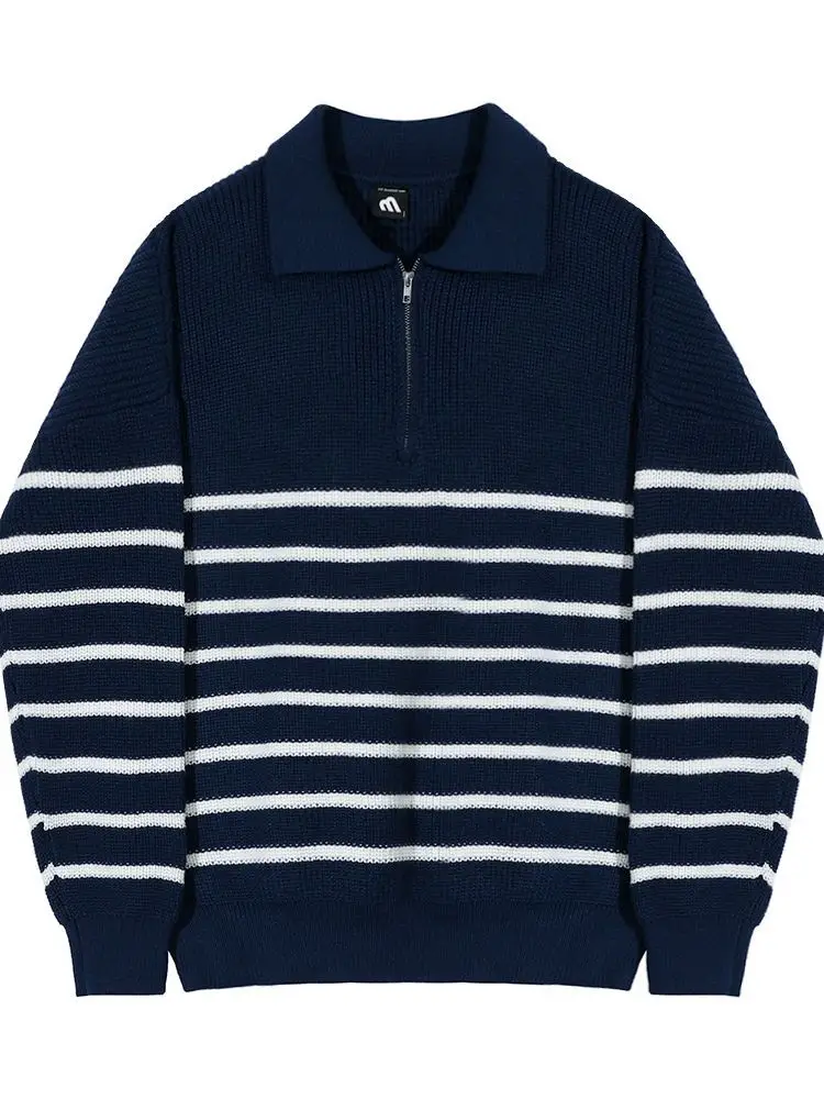 Men's Navy Striped Korean Style Long Sleeve Sweater - Image 7