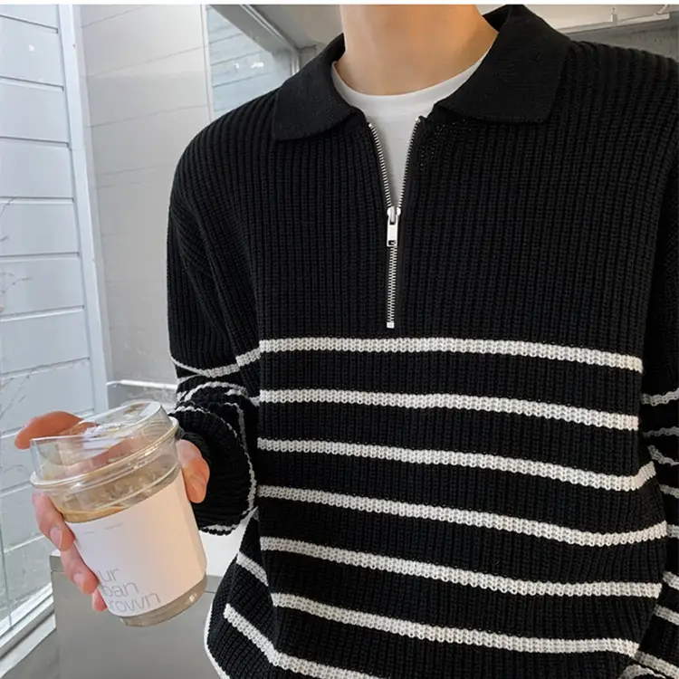 Men's Navy Striped Korean Style Long Sleeve Sweater — feature 3