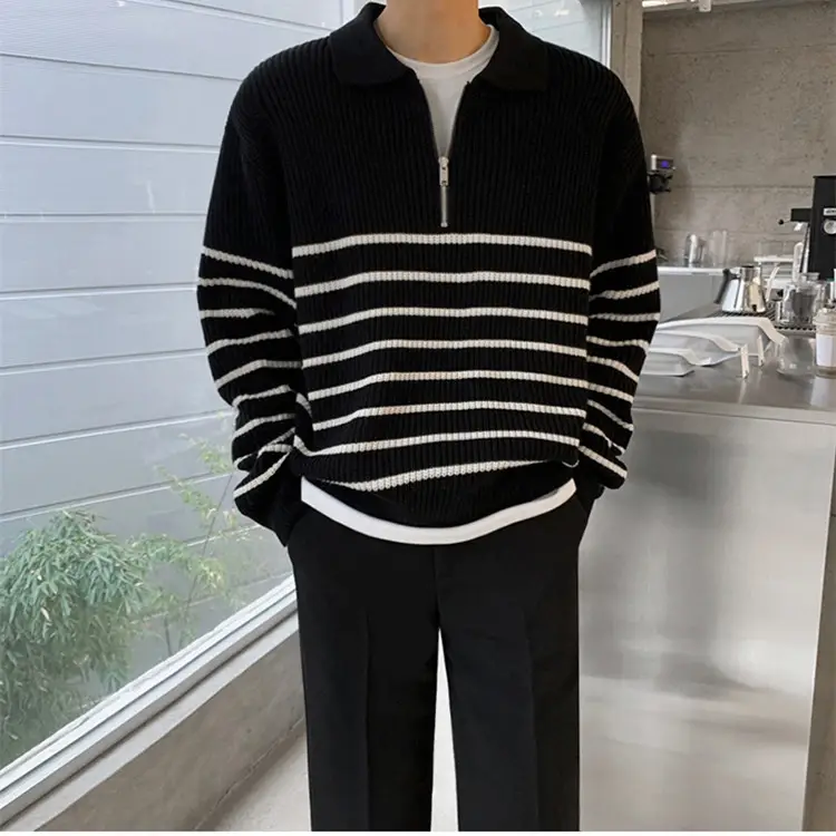 Men's Navy Striped Korean Style Long Sleeve Sweater — feature 4