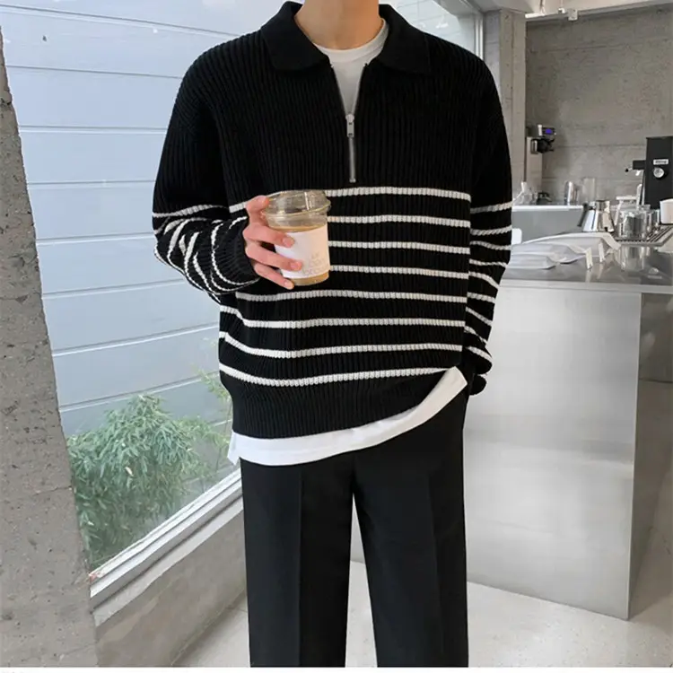 Men's Navy Striped Korean Style Long Sleeve Sweater — feature 5