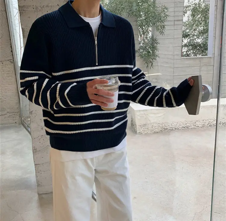 Men's Navy Striped Korean Style Long Sleeve Sweater — feature 6