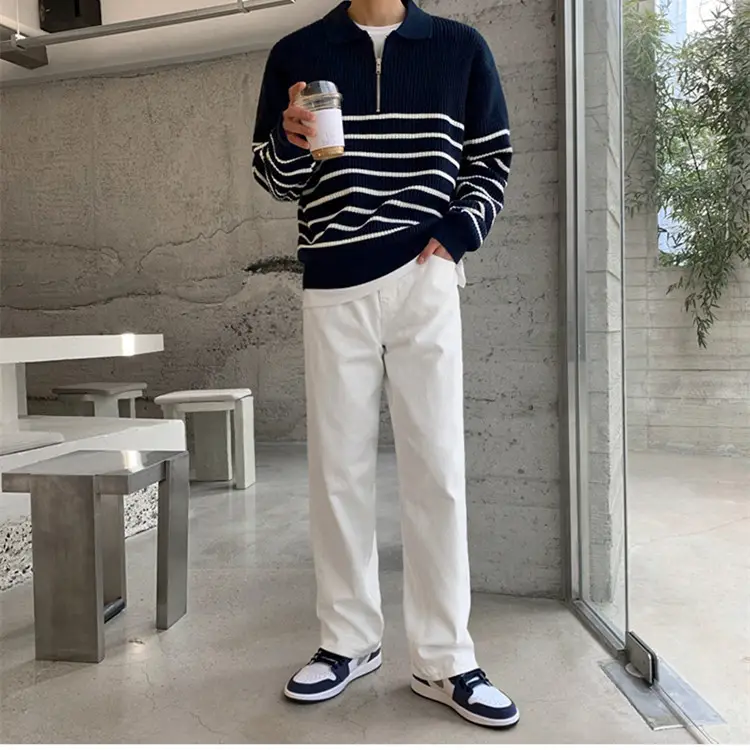 Men's Navy Striped Korean Style Long Sleeve Sweater — feature 7