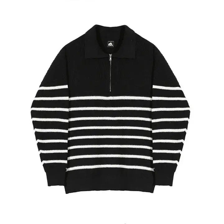 Men's Navy Striped Korean Style Long Sleeve Sweater — feature 8