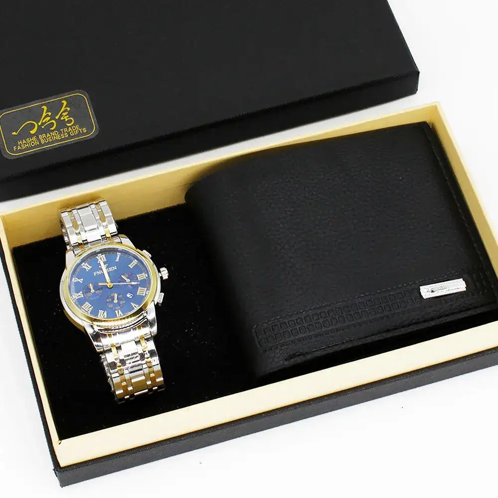 Men's Blue Quartz Watch & Wallet Set Black Gold - Image 2