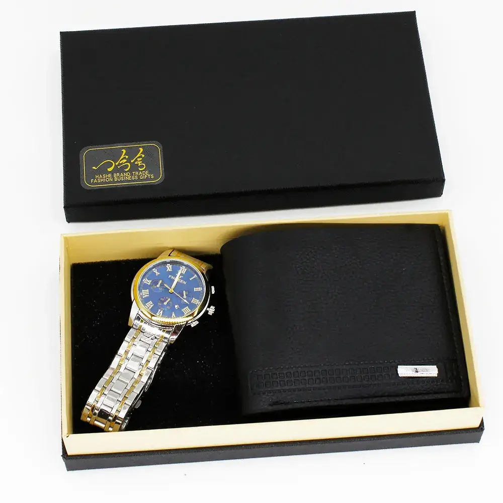 Men's Blue Quartz Watch & Wallet Set Black Gold - Image 3