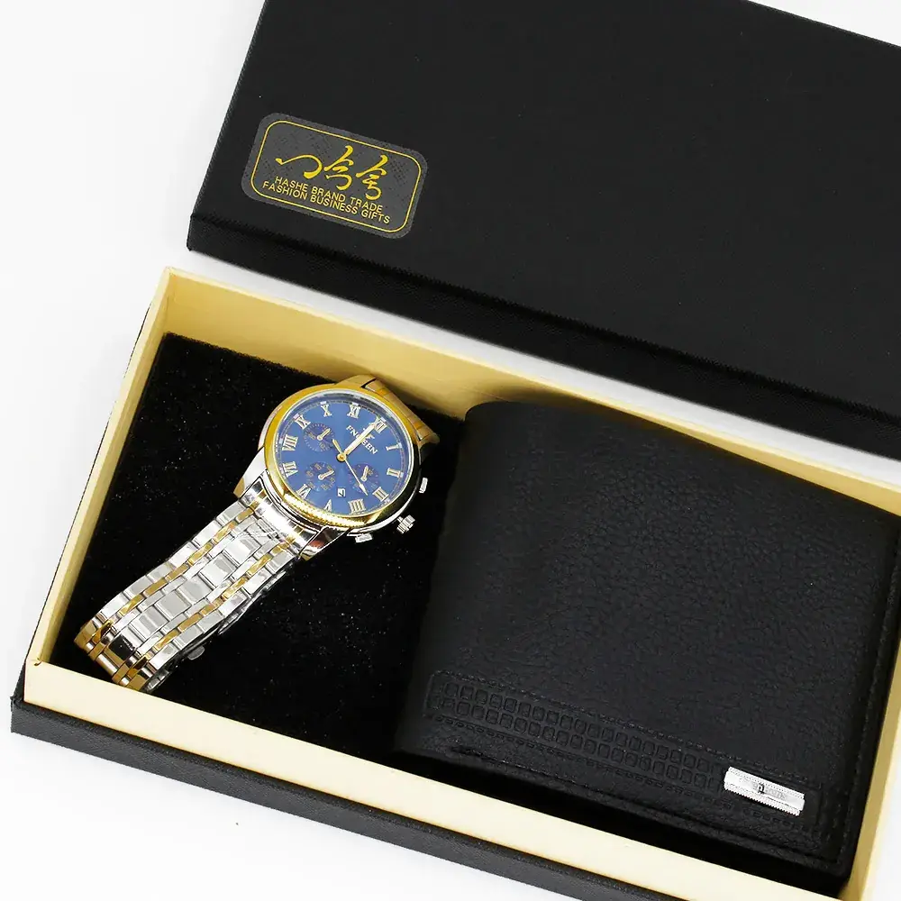 Men's Blue Quartz Watch & Wallet Set Black Gold - Image 4