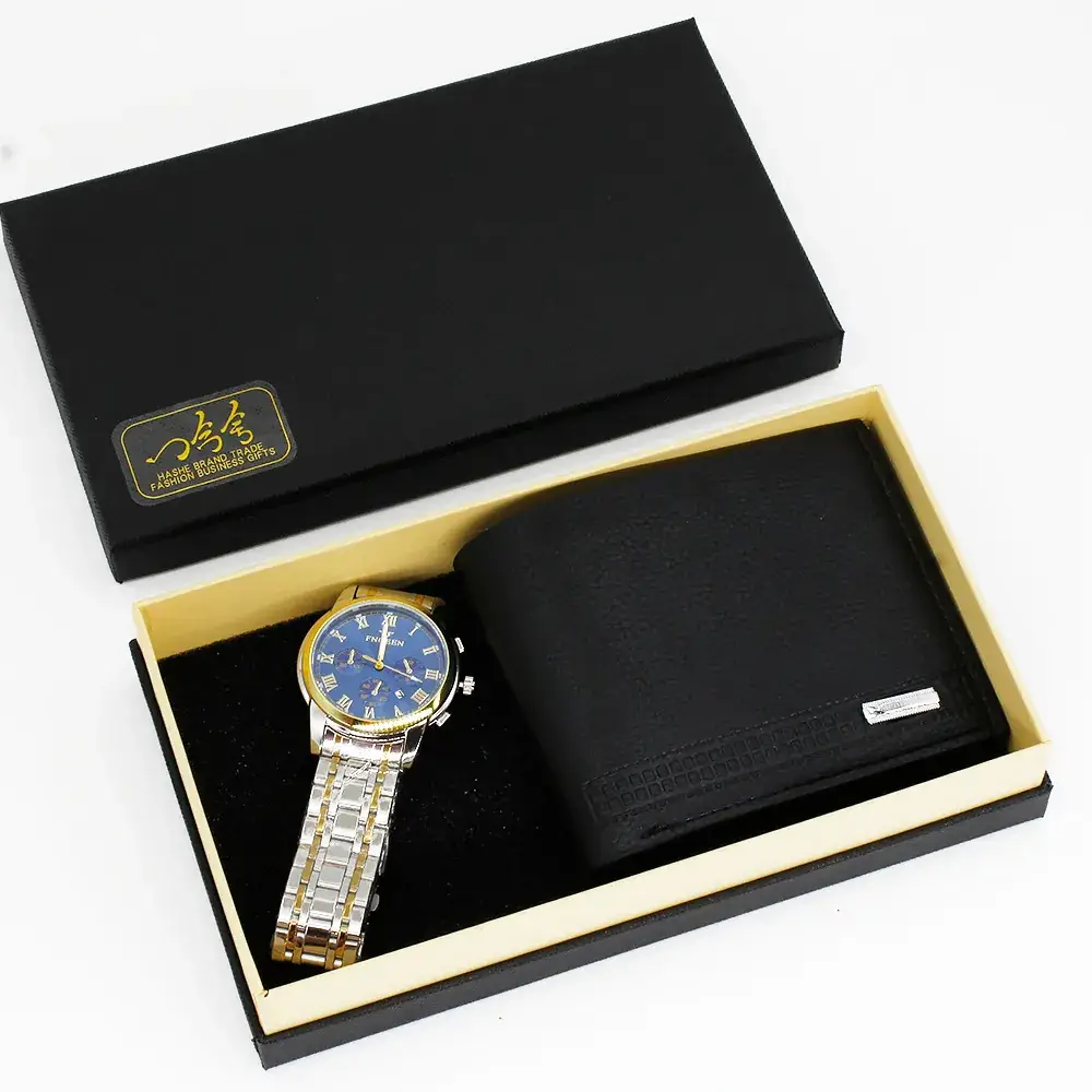 Men's Blue Quartz Watch & Wallet Set Black Gold - Image 5