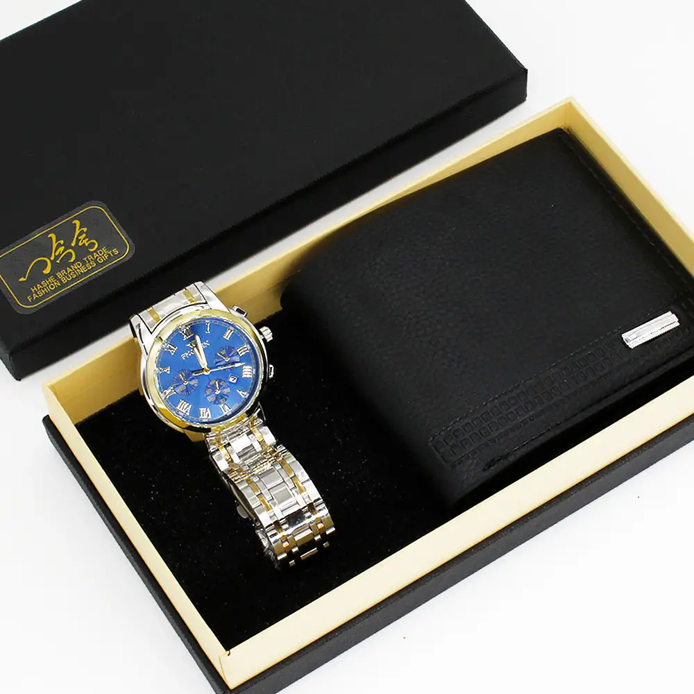 Men's Blue Quartz Watch & Wallet Set Black Gold — feature 5