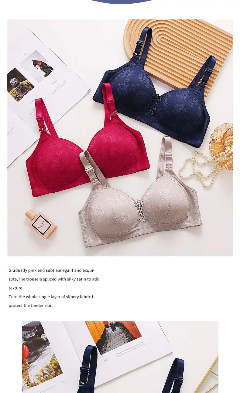 New plus size jacquard thin cup three breasted middle-aged and elderly push up full cup bra non-magnetic wireless sexy underwear — feature 19