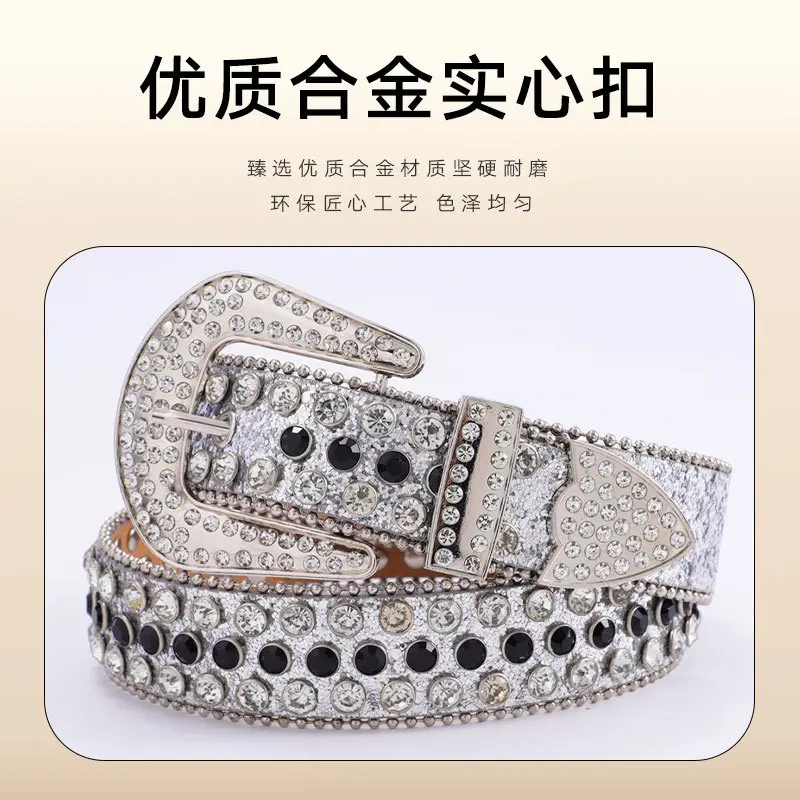 Women's Blue Inlaid Hip Hop Belt with Diamond Embellishment - Image 87
