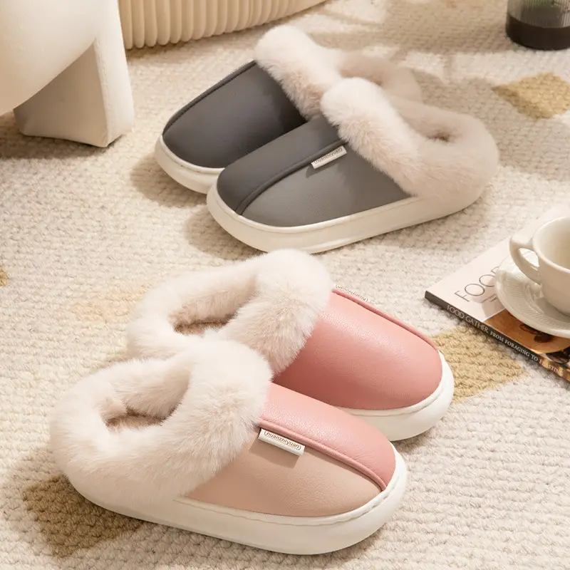 Home cotton slippers women's winter indoor home waterproof PU leather non-slip warm fleece-lined thick furry slippers men