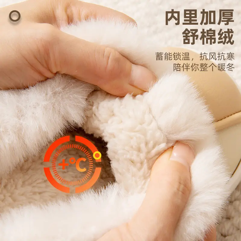 Home cotton slippers women's winter indoor home waterproof PU leather non-slip warm fleece-lined thick furry slippers men