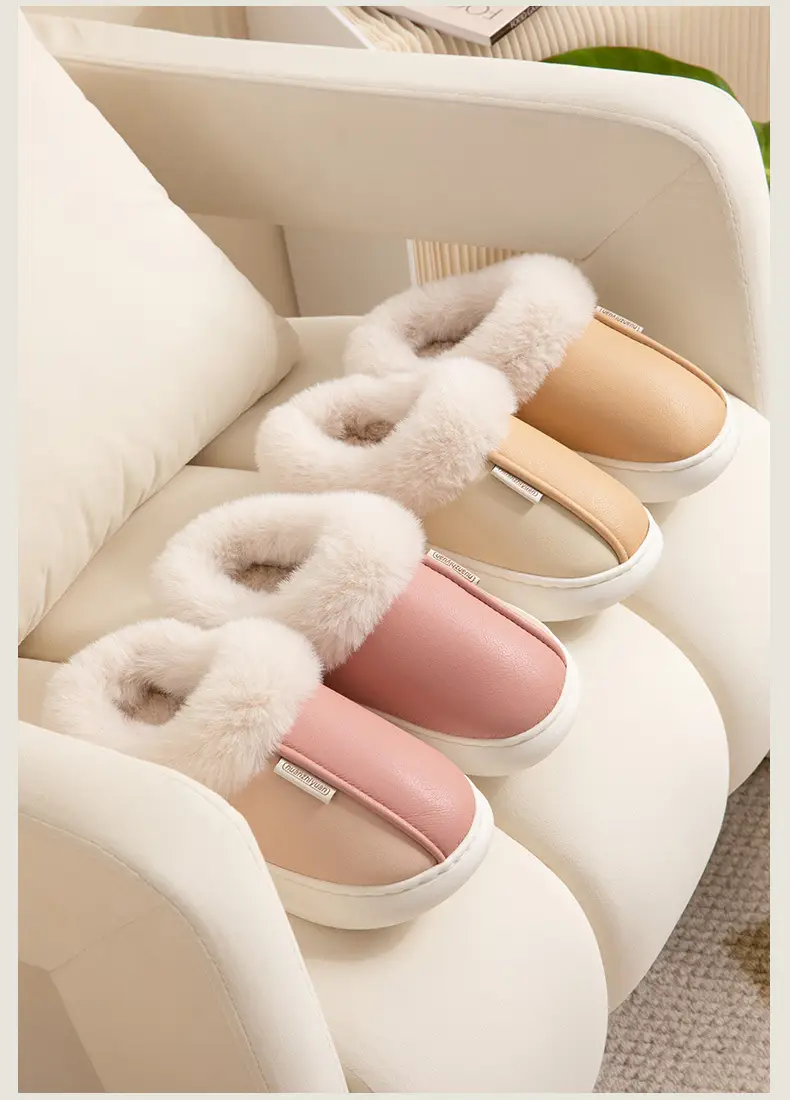 Home cotton slippers women's winter indoor home waterproof PU leather non-slip warm fleece-lined thick furry slippers men — feature 13