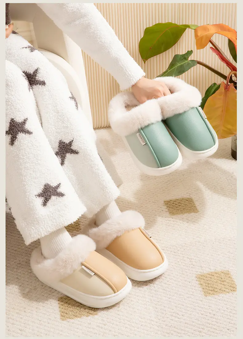 Home cotton slippers women's winter indoor home waterproof PU leather non-slip warm fleece-lined thick furry slippers men — feature 14