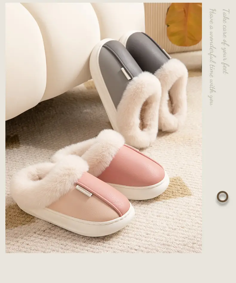 Home cotton slippers women's winter indoor home waterproof PU leather non-slip warm fleece-lined thick furry slippers men — feature 15