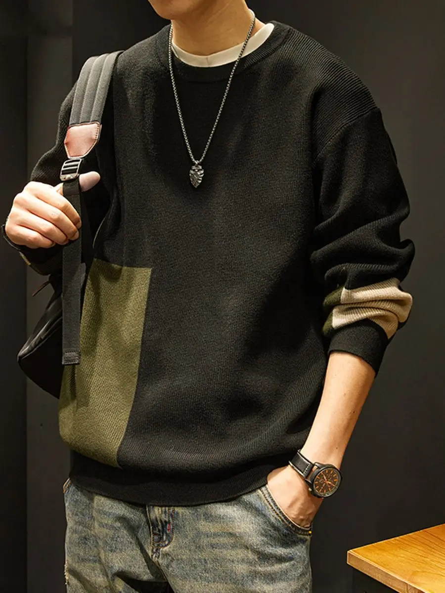 Men's Knit American Sweater Brown Green Contrast Loose Fit - Image 4