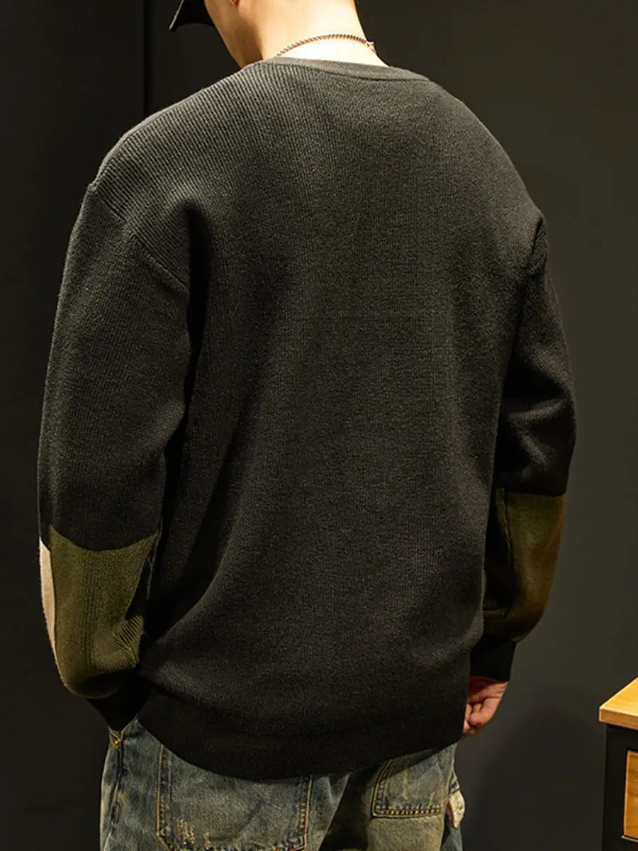 Men's Knit American Sweater Brown Green Contrast Loose Fit - Image 5
