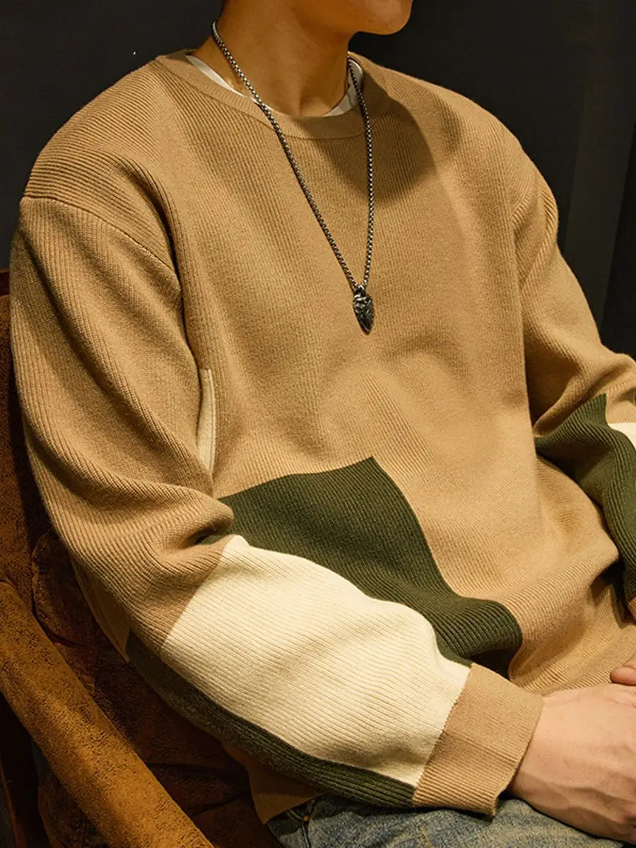 Men's Knit American Sweater Brown Green Contrast Loose Fit - Image 6