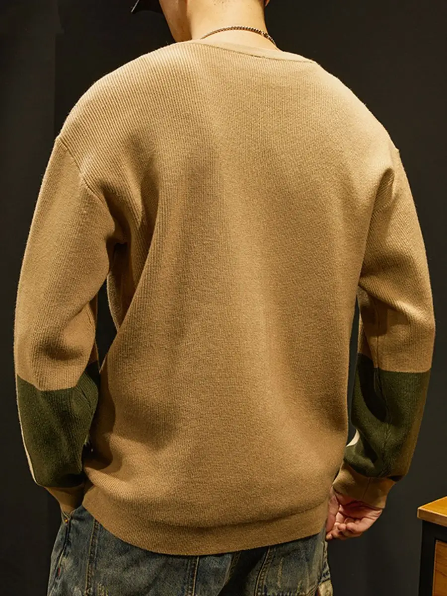 Men's Knit American Sweater Brown Green Contrast Loose Fit - Image 7
