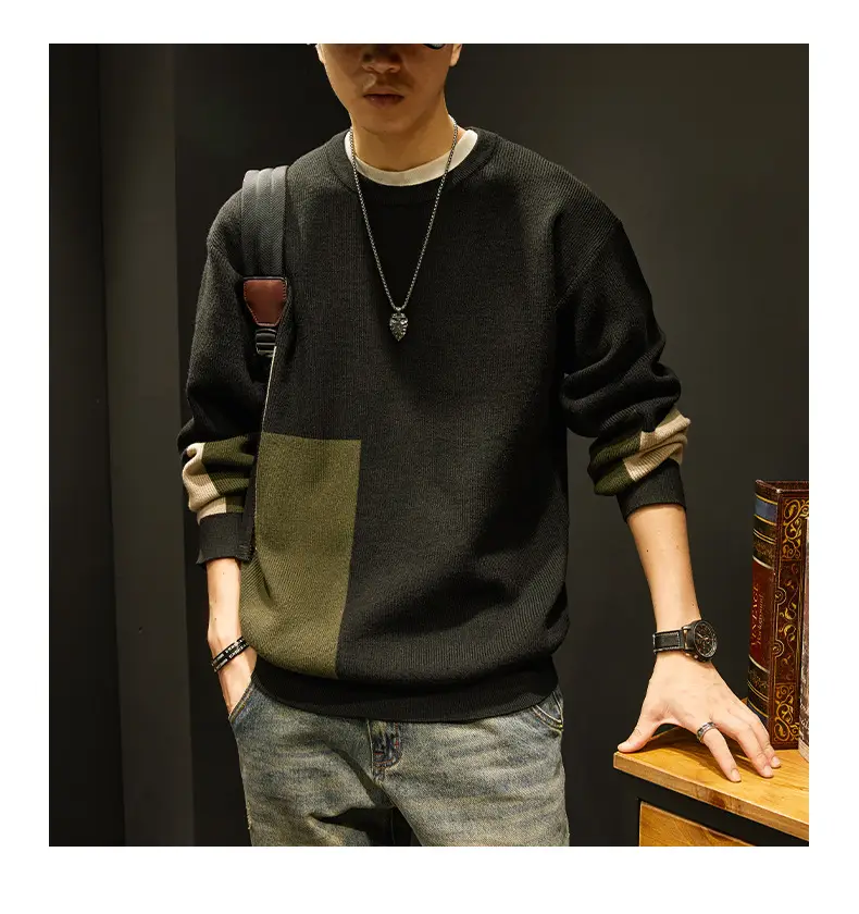 Men's Knit American Sweater Brown Green Contrast Loose Fit — feature 2