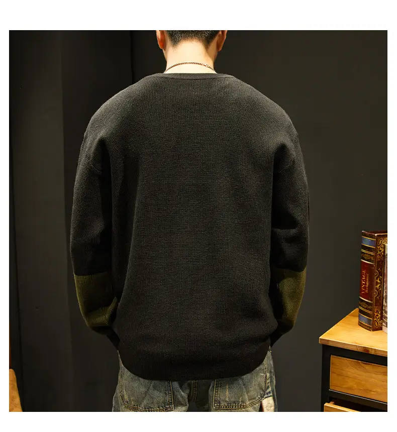 Men's Knit American Sweater Brown Green Contrast Loose Fit — feature 4