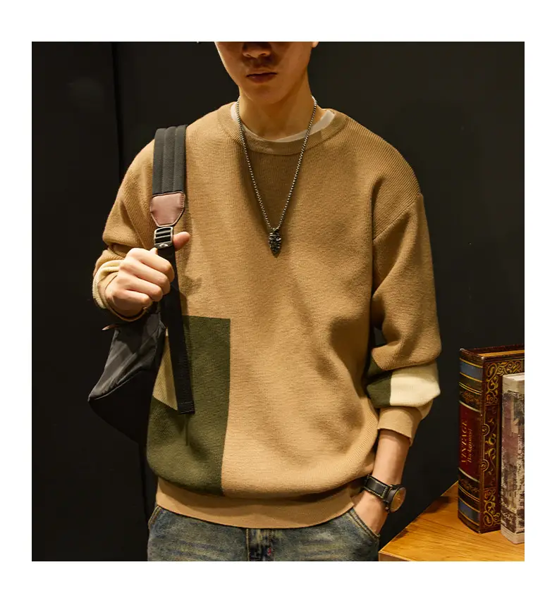 Men's Knit American Sweater Brown Green Contrast Loose Fit — feature 7