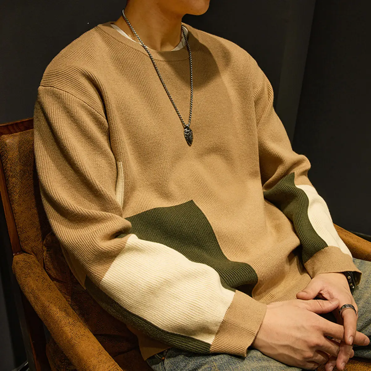 Men's Knit American Sweater Brown Green Contrast Loose Fit - Image 2
