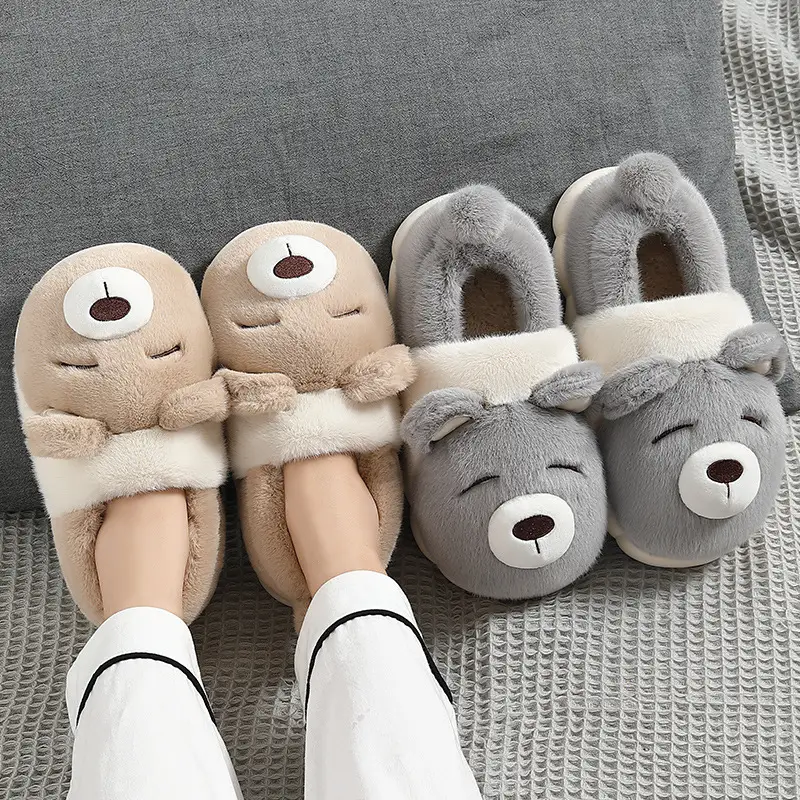Women's Winter Cute Cartoon Indoor Home Slippers with Heel Cover, Men's Plush Warm Cotton Shoes for Winter Wholesale